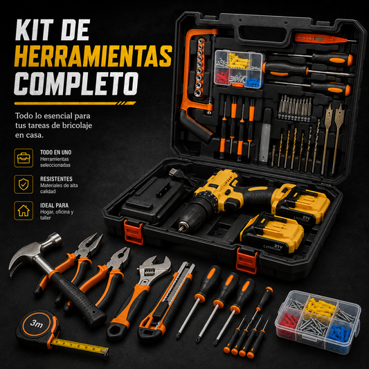 KIT DE HERRAMIENTAS + TALADRO +  MALETIN + 2 BATERIAS